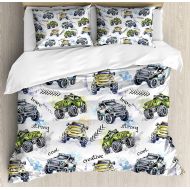 Anzona Cars 4 Piece Bedding Set Duvet Cover Set Full Size, Hand Drawn Watercolored Monster Trucks Enormous Wheels Off Road Lifestyle, Luxury Bed Sheet for Childrens/Kids/Teens/Adults, Yel