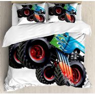 Anzona Twin Size Cars 3 PCS Duvet Cover Set, Cartoon Monster Truck Cool Vehicle Modified to The Perfection Colorful Design, Bedding Set Bedspread for Children/Teens/Adults/Kids, Aq