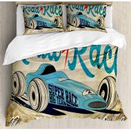 Anzona Cars 4 Piece Bedding Set Duvet Cover Set Full Size, New York Racing Club Race Car from Twenties Road Race Team Old School Cool Design, Luxury Bed Sheet for Childrens/Kids/Teens/Adu