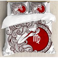 Anzona Queen Size Virgo 3 PCS Duvet Cover Set, Vibrant Color Abstract Image Zodiac Sign Long Haired Girl with Symbol of Virgo, Bedding Set Bedspread for Children/Teens/Adults/Kids, Ruby B