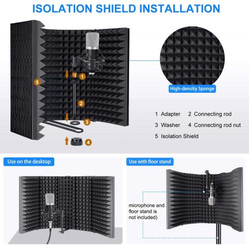  Aokeo AO-605 Professional Studio Recording Microphone Isolation Shield.High Density Absorbent Foam is Used to Filter Vocal, Suitable for Blue Yeti and Any Condenser Microphone Reco