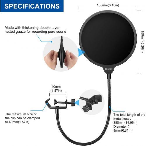  Aokeo Professional Microphone Pop Filter Mask Shield For Blue Yeti and Any Other Microphone, Mic Dual Layered Wind Pop Screen With A Flexible 360° Gooseneck Clip Stabilizing Arm