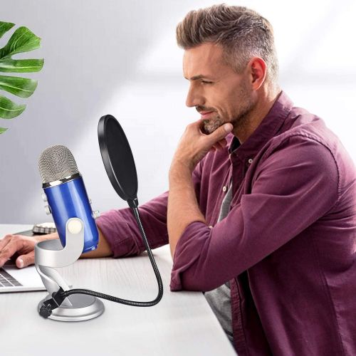  Aokeo Professional Microphone Pop Filter Mask Shield For Blue Yeti and Any Other Microphone, Mic Dual Layered Wind Pop Screen With A Flexible 360° Gooseneck Clip Stabilizing Arm