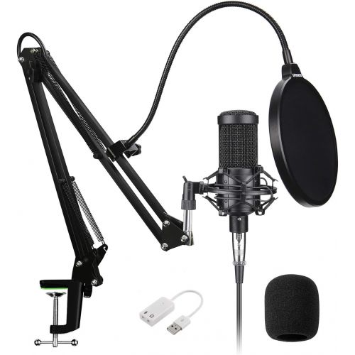  Aokeo AK-60 Streaming Podcast PC Microphone & Suspension Boom Scissor Arm Stand with Built-in XLR Cable and Mounting Clamp,for Skype Youtuber Karaoke Gaming Recording