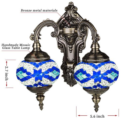  Aolun Mosaic Lamp-Handmade Turkish Mosaic Double Wall Lamp with Mosaic Lantern, Bronze Base, Unique Double Glass Mosaic Wall Light for Room Decoration (Blue,White)
