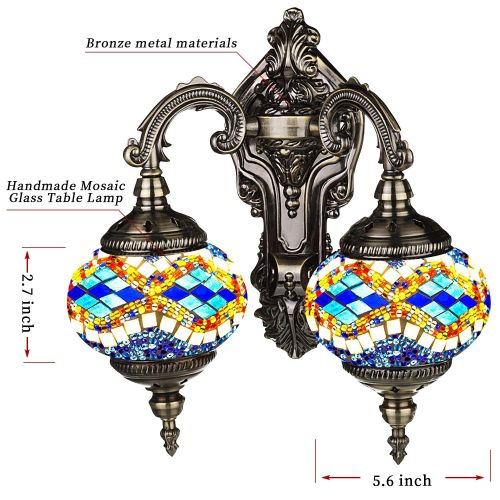  Aolun Mosaic Lamp-Handmade Turkish Mosaic Double Wall Lamp with Mosaic Lantern, Bronze Base, Unique Double Glass Mosaic Wall Light for Room Decoration (Blue,White)