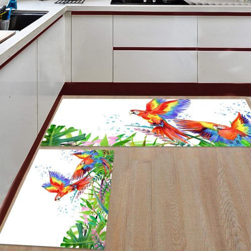  Aomike 2 Piece Non-Slip Kitchen Mat Rubber Backing Doormat Watercolor Hawaii Tropical Parrot and Plants Runner Rug Set Hallway Living Room Balcony Bathroom Carpet Sets (15.7 x 23.6