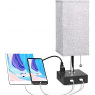 [아마존 핫딜] [아마존핫딜]USB Bedside Table Lamp with Outlet, Aooshine Modern Solid Wood Nightstand Lamp with 2 Useful USB Ports & One Outlet, Grey Fabric Shade Ambient Light Desk Lamp for Bedroom, Guest Ro