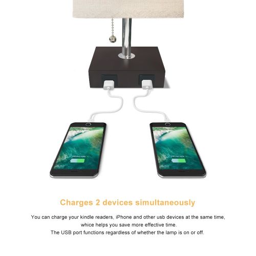  Bedside Table Lamp USB, Aooshine Modern Desk Lamp, Solid Wood Nightstand Lamp with Unique Shade and Havana Brown Wood Base, Ambient Light and 2 Useful USB Charging Port Perfect for