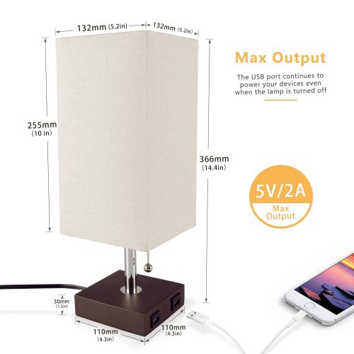  Bedside Table Lamp USB, Aooshine Modern Desk Lamp, Solid Wood Nightstand Lamp with Unique Shade and Havana Brown Wood Base, Ambient Light and 2 Useful USB Charging Port Perfect for