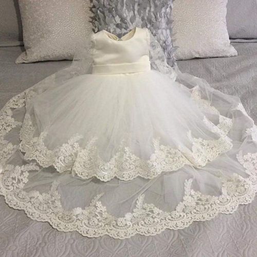  Aorme White Baby-Girls Christening Gown Dresses with Bonnet Long Ivory Tulle Lace Edge