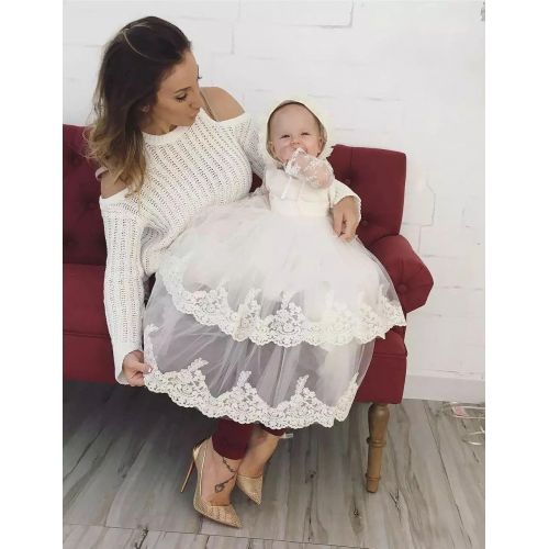  Aorme White Baby-Girls Christening Gown Dresses with Bonnet Long Ivory Tulle Lace Edge