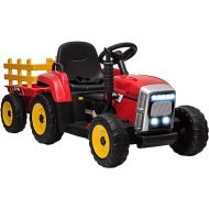 Aosom 12V Ride on Tractor with Trailer, 25W Dual Motors, Battery Powered Electric Tractor with Remote Control, Music Startup Sound and Horn, LED Lights, Red