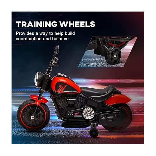  Aosom Kids Motorcycle with Training Wheels, 6V Ride-on Toy for Ages 18-48 Months with Multiple Speeds, Battery-Operated Motorbike for Kids with Single-Button Start, Headlight, Red