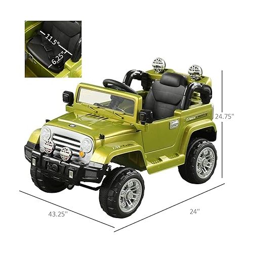  Aosom Kids Ride-on Car, Off-Road Truck with MP3 Connection, Working Horn, Steering Wheel, and Remote Control, 12V Motor, Green