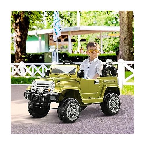  Aosom Kids Ride-on Car, Off-Road Truck with MP3 Connection, Working Horn, Steering Wheel, and Remote Control, 12V Motor, Green