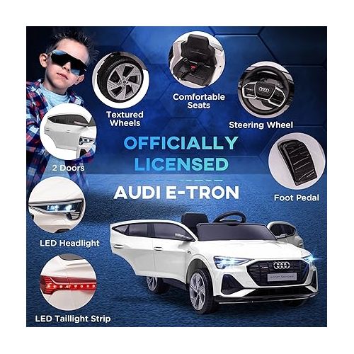  Aosom 12V Kids Electric Ride On Car, Audi E-tron, Battery Powered Toy with Parent Remote Control, Suspension System, Auxiliary Wheels, LED Lights, Music and Horn, MP3 Player, White