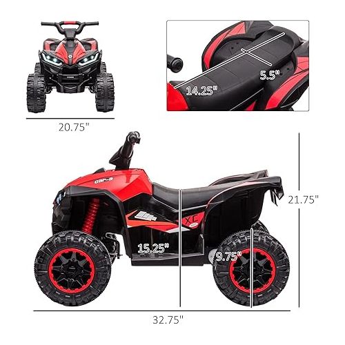  Aosom 12V Kids ATV Quad Car with Forward & Backward Function, Four Wheeler for Kids with Wear-Resistant Wheels, Music, Electric Ride-on ATV for Toddlers Ages 3+ Years Old, Red