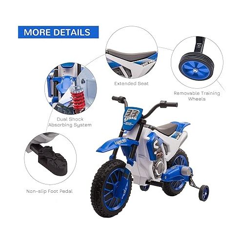  Aosom 12V Kids Motorcycle Dirt Bike Electric Battery-Powered Ride-On Toy Off-road Street Bike with Charging Battery, Training Wheels Blue