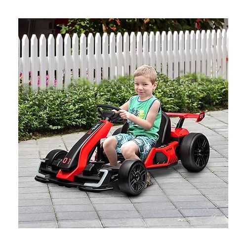  Aosom 24V 7.5 MPH Electric Go Kart with Adjustable Seat, Drifting Car Battery Powered Ride on Toy Outdoor with Slow Start, Button Start, Music, Honking Horn, Lights, for 6-12 Years Old, Red