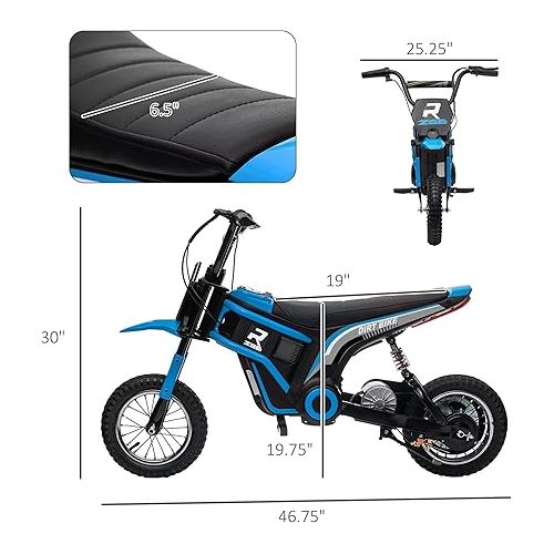  Aosom Electric Dirt Bike with Twist Grip Throttle, 24V 350W Off-Road Electric Motorcycle Up to 15 MPH with Brake, Music Horn, Rear Suspension for Ages 13+ Years, Blue