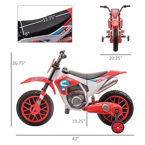  Aosom 12V Kids Motorcycle Dirt Bike Electric Battery-Powered Ride-On Toy Off-road Street Bike with Charging Battery, Training Wheels Red