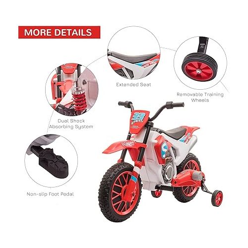  Aosom 12V Kids Motorcycle Dirt Bike Electric Battery-Powered Ride-On Toy Off-Road Street Bike with Charging Battery, Training Wheels Red