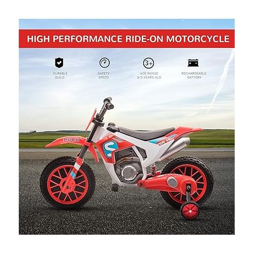  Aosom 12V Kids Motorcycle Dirt Bike Electric Battery-Powered Ride-On Toy Off-road Street Bike with Charging Battery, Training Wheels Red