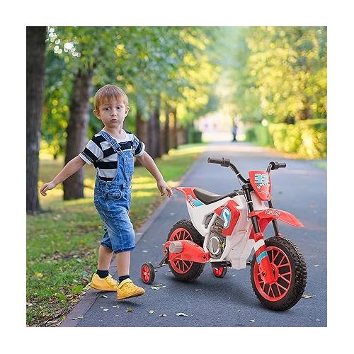  Aosom 12V Kids Motorcycle Dirt Bike Electric Battery-Powered Ride-On Toy Off-Road Street Bike with Charging Battery, Training Wheels Red