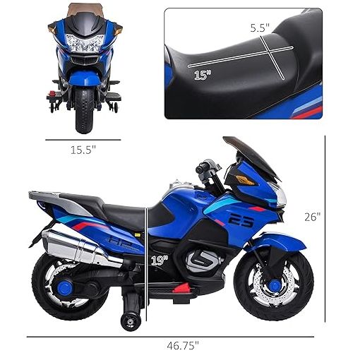  Aosom 12V Kids Electric Motorcycle with Training Wheels, Battery Power Motorbike for Kids Ages 3-8 Years Old, High-Traction at 3.7 Mph Top Speed, with Light Music, Blue