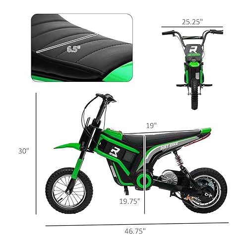  Aosom Electric Dirt Bike with Twist Grip Throttle, 24V 350W Off-Road Electric Motorcycle Up to 15 MPH with Brake, Music Horn, Rear Suspension for Ages 13+ Years, Green