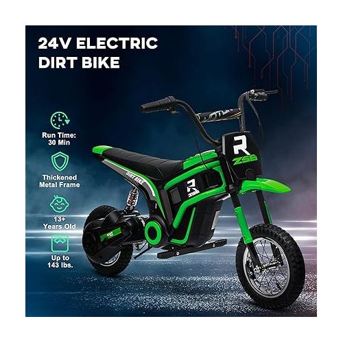  Aosom Electric Dirt Bike with Twist Grip Throttle, 24V 350W Off-Road Electric Motorcycle Up to 15 MPH with Brake, Music Horn, Rear Suspension for Ages 13+ Years, Green