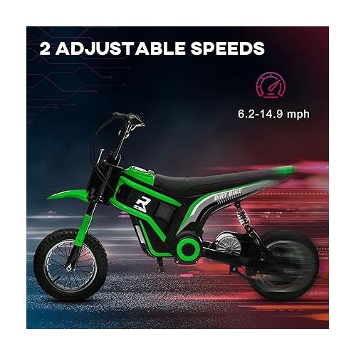  Aosom Electric Dirt Bike with Twist Grip Throttle, 24V 350W Off-Road Electric Motorcycle Up to 15 MPH with Brake, Music Horn, Rear Suspension for Ages 13+ Years, Green