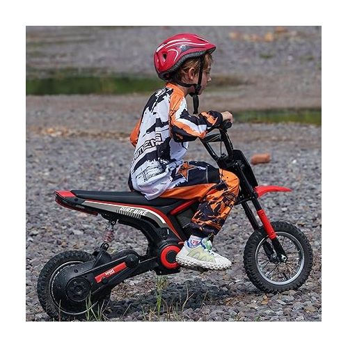  Aosom Electric Dirt Bike with Twist Grip Throttle, 24V 350W Off-Road Electric Motorcycle Up to 15 MPH with Brake, Music Horn, Rear Suspension for Ages 13+ Years, Red