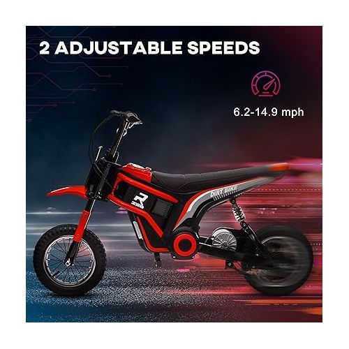  Aosom Electric Dirt Bike with Twist Grip Throttle, 24V 350W Off-Road Electric Motorcycle Up to 15 MPH with Brake, Music Horn, Rear Suspension for Ages 13+ Years, Red