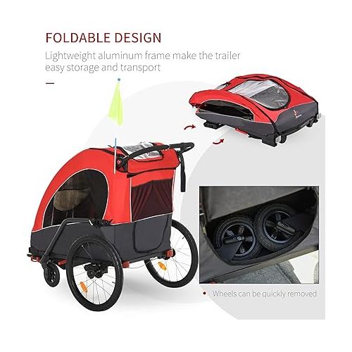  Aosom Bike Trailer for Kids 3 In1 Foldable Child Jogger Stroller Baby Stroller Transport Carrier with Shock Absorber System Rubber Tires Adjustable Handlebar Kid Bicycle Trailer