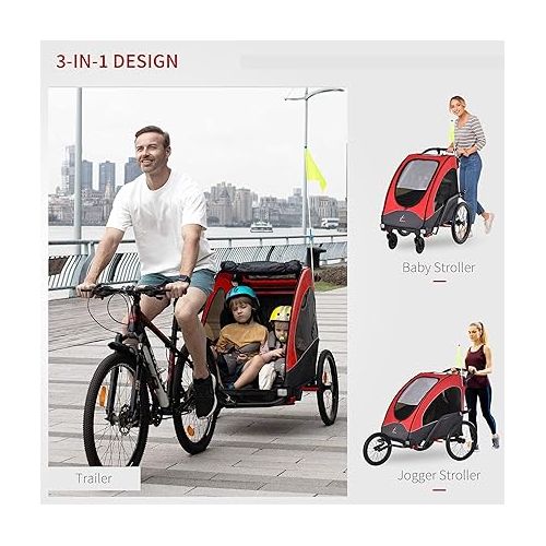  Aosom Bike Trailer for Kids 3 In1 Foldable Child Jogger Stroller Baby Stroller Transport Carrier with Shock Absorber System Rubber Tires Adjustable Handlebar Kid Bicycle Trailer