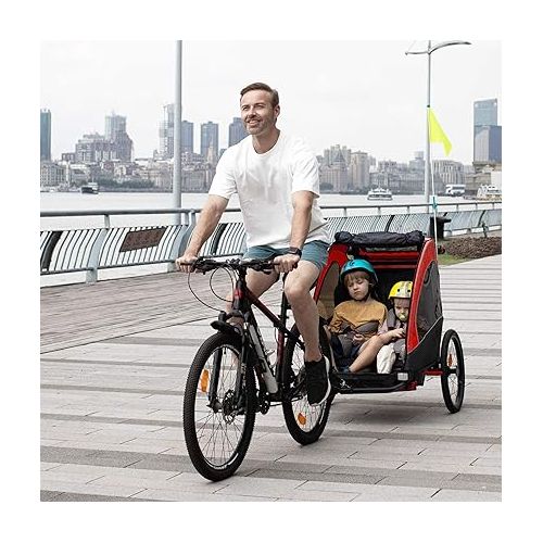  Aosom Bike Trailer for Kids 3 In1 Foldable Child Jogger Stroller Baby Stroller Transport Carrier with Shock Absorber System Rubber Tires Adjustable Handlebar Kid Bicycle Trailer