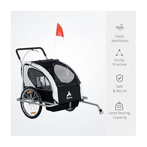  Aosom Elite Three-Wheel Bike Trailer for Kids Bicycle Cart for Two Children with 2 Security Harnesses & Storage
