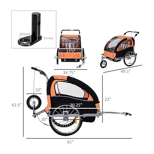  Aosom Elite 360 Swivel Bike Trailer for Kids Double Child Two-Wheel Bicycle Cargo Trailer with 2 Security Harnesses