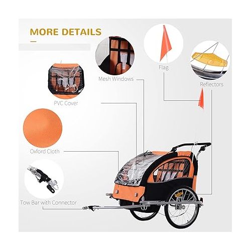  Aosom Elite 360 Swivel Bike Trailer for Kids Double Child Two-Wheel Bicycle Cargo Trailer with 2 Security Harnesses