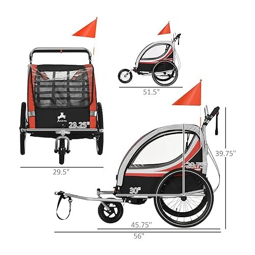  Aosom 3-in-1 Walk/Jog/Ride Child Baby Bike Trailer for Kids 2 Seater, High-Visibility Bike Stroller for Toddler Wagon, Weather-Strong Double Bicycle Trailer Accessory for Kids