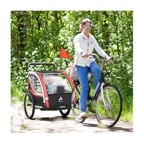  Aosom 3-in-1 Walk/Jog/Ride Child Baby Bike Trailer for Kids 2 Seater, High-Visibility Bike Stroller for Toddler Wagon, Weather-Strong Double Bicycle Trailer Accessory for Kids