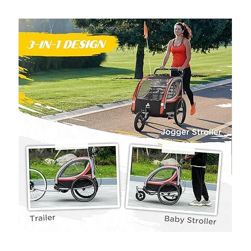  Aosom 3-in-1 Walk/Jog/Ride Child Baby Bike Trailer for Kids 2 Seater, High-Visibility Bike Stroller for Toddler Wagon, Weather-Strong Double Bicycle Trailer Accessory for Kids