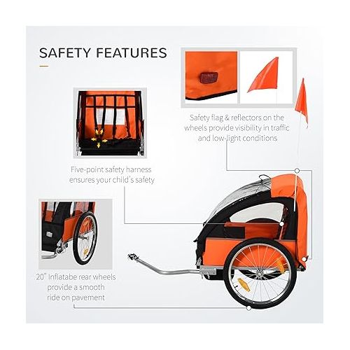  Aosom 2-Seat Child Bike Trailer for Kids with a Strong Steel Frame, 5-Point Safety Harnesses, & Comfortable Seat