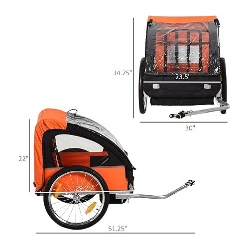  Aosom 2-Seat Child Bike Trailer for Kids with a Strong Steel Frame, 5-Point Safety Harnesses, & Comfortable Seat