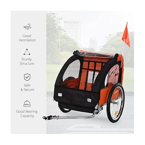  Aosom 2-Seat Child Bike Trailer for Kids with a Strong Steel Frame, 5-Point Safety Harnesses, & Comfortable Seat