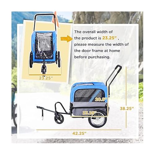  Aosom 2-in-1 Small Dog Bike Trailer and Bike Stroller with Hitch, Bicycle Trailer Sidecar Bike Wagon Cart Carrier Attachment for Travel, Blue