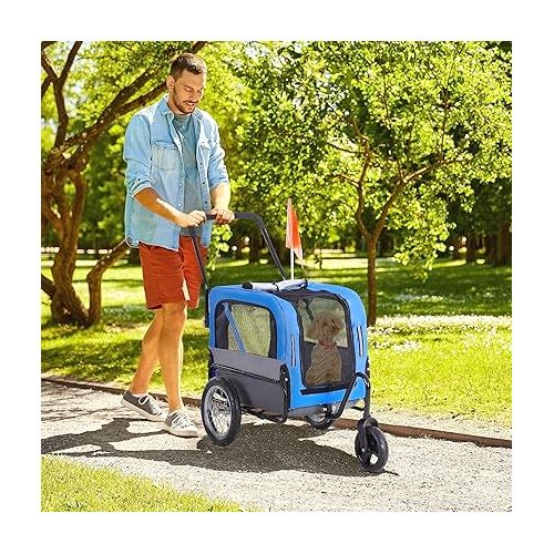  Aosom 2-in-1 Small Dog Bike Trailer and Bike Stroller with Hitch, Bicycle Trailer Sidecar Bike Wagon Cart Carrier Attachment for Travel, Blue