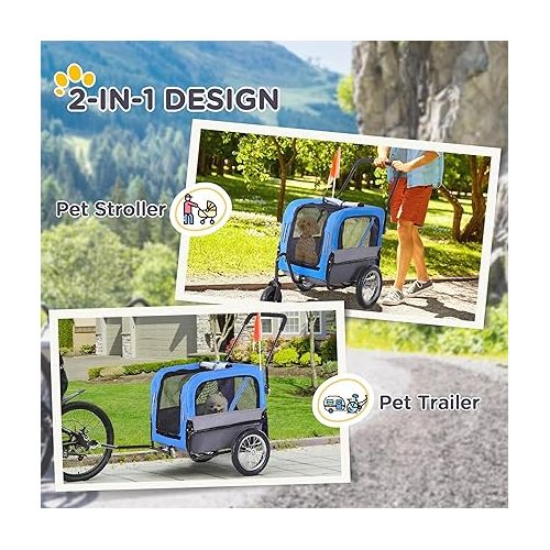  Aosom 2-in-1 Small Dog Bike Trailer and Bike Stroller with Hitch, Bicycle Trailer Sidecar Bike Wagon Cart Carrier Attachment for Travel, Blue